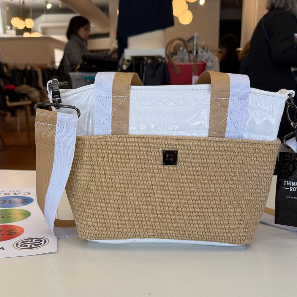 THINK ROYLN Beige Woven Tote with White Trim